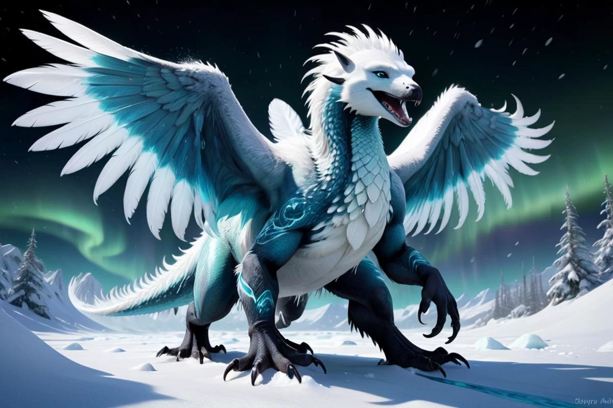 a polar chaos drake-like Yinglong, feathers skin, short segmented legs, ,hyper detailed masterpiece, dynamic realistic digital art, awesome quality,techno luminescence archive,baleful hole,spellbinding village snow,aurora australis, sound