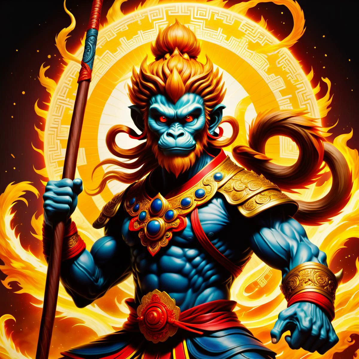 hyper detailed masterpiece, dynamic, awesome quality, sun wukong, Mythical Monkey King from Chinese folklore, immense strength and magical powers, master of transformation and combat, mischievous and rebellious spirit, perseverance, cunning