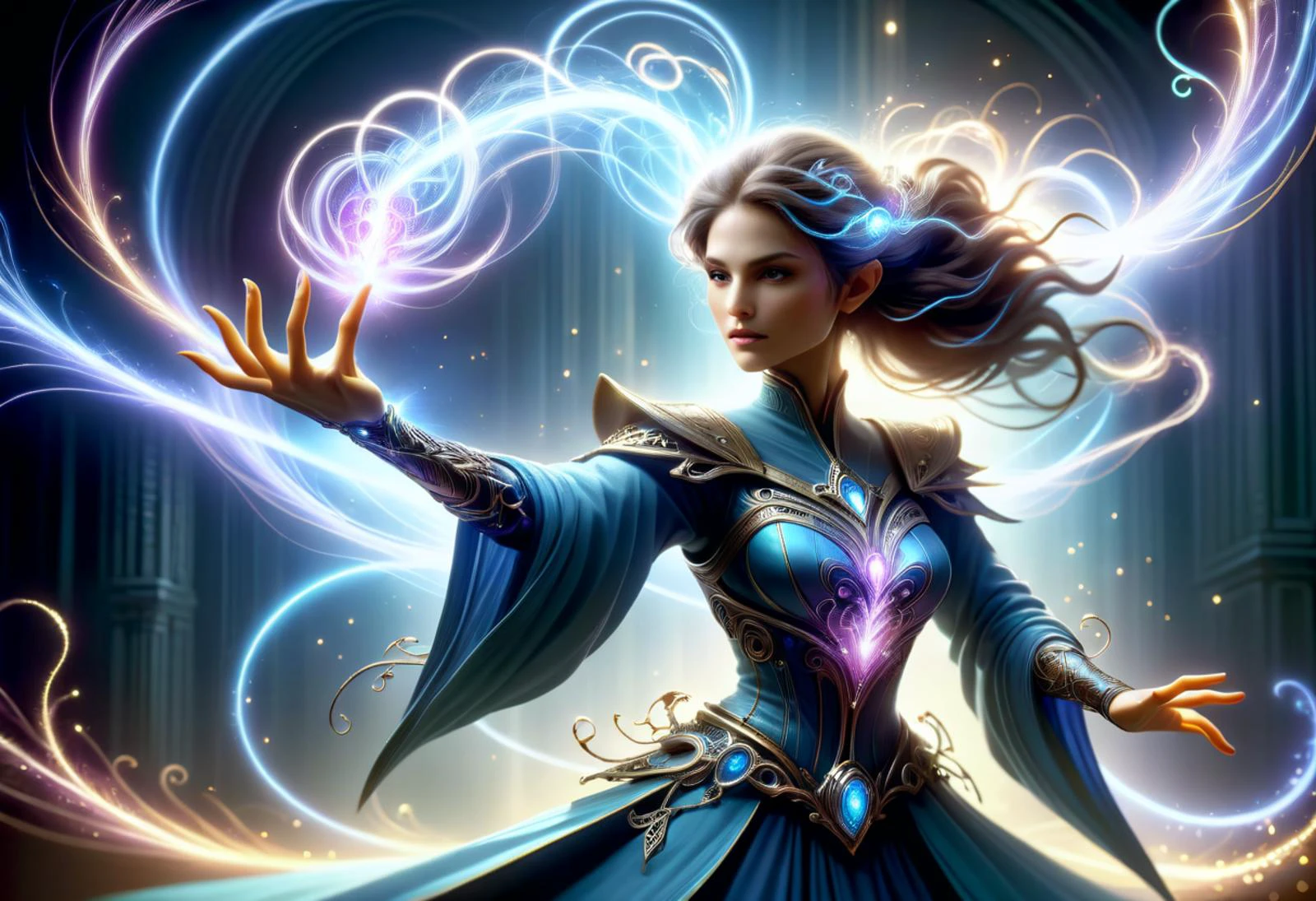 hyper detailed masterpiece, dynamic, awesome quality, female arcanist, enchantment psionic magic manifests ethereal, neuro-like aura, with tendrils of light that reach out, pulsating in rhythm with thought and intention, accompanied by faint echoing whisper, visual dance of mind's power DonMM4g1cXL <lora:DonMM4g1cXL_v1.2:0.8> <lora:Perfect Hands v2:0.8> Perfect Hands