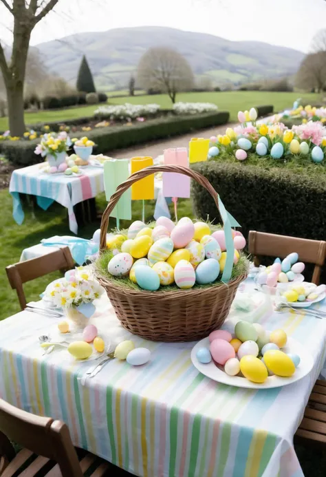 0.3&&easter, spring theme, hopeful, suits and dresses, for church services, basket, filled with candy or eggs, sharing a special easter meal, Stripes (masking tape) 0.3&&gardens, soft, warm lighting