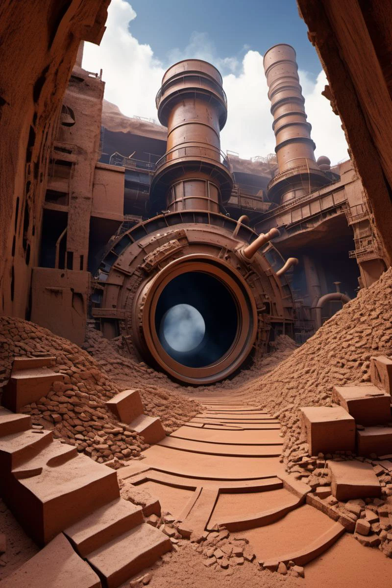 hyper detailed masterpiece, dynamic realistic digital art, awesome quality,weathered underworld
,pottery clay indentation
,flamboyant blast furnace square
lens distortion,dust storm, atmospheric effects,historical,miserable,artistic,caustic,wooded,jazzy,cytotoxic,fantasy-like,humorous