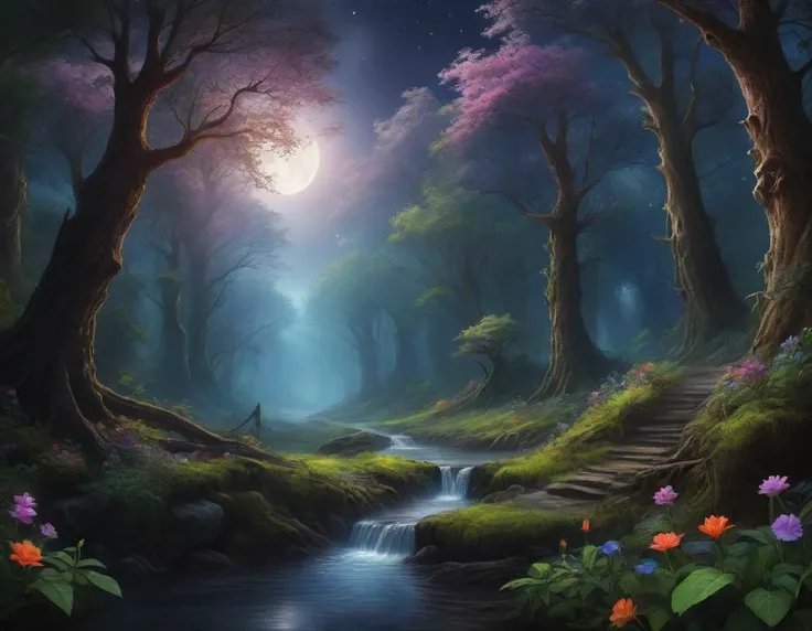 hyper detailed masterpiece, dynamic realistic digital art, awesome quality, Haunted Halls,Mystical Moonlight,Abyss of Uncertainty,Bloom,Ethnic Traditions,Misconceived,Forest,moonbow <lora:LCM_LoRA_Weights:0.8>