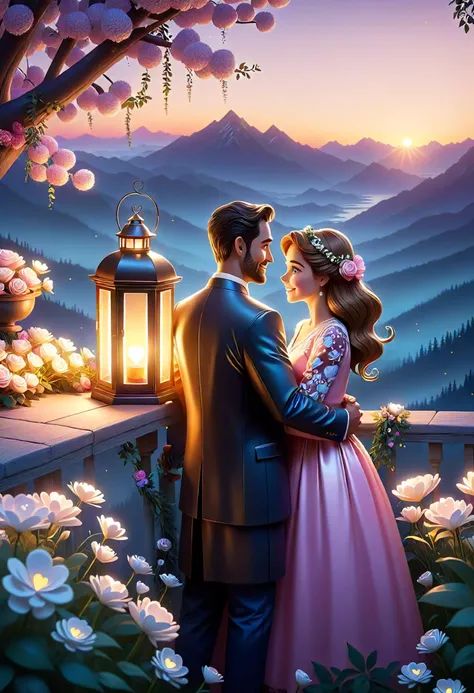 valentines day, cartoon, intimate, flowers, hosting valentine's day party, garden setting, watching the sunrise together from a mountaintop, soft lantern glow  <lora:SDXL\DetailedEyes_V3> <lora:ClearHand-V2> <lora:released\DonM3t3rn1tyXL-v1.1-000008>