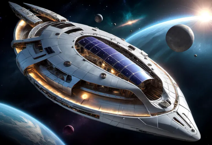 scifi large streamlined mothership, antimatter engines, organic material, bulletproof glass,solar arrays,metallic finishes, space junk, extraterrestrial, solstice, quasar