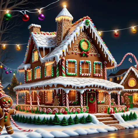 hyper detailed masterpiece, dynamic realistic digital art, awesome quality, gingerbread house art, fezziwig, jingle bells, uplifting and spirited,generous and giving, task lighting, participating in a holiday parade