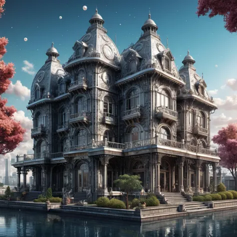 ((best quality)), ((masterpiece)), ((realistic,digital art)), (hyper detailed),Industrial City, villa made of Bright Hypnotic Pearl, Dazzling, Titanium, Hardy, Coating, Unusual, Retro, Vintage, Zodiac Signs,8K, HDR, <lora:add-detail-xl:1.5>
