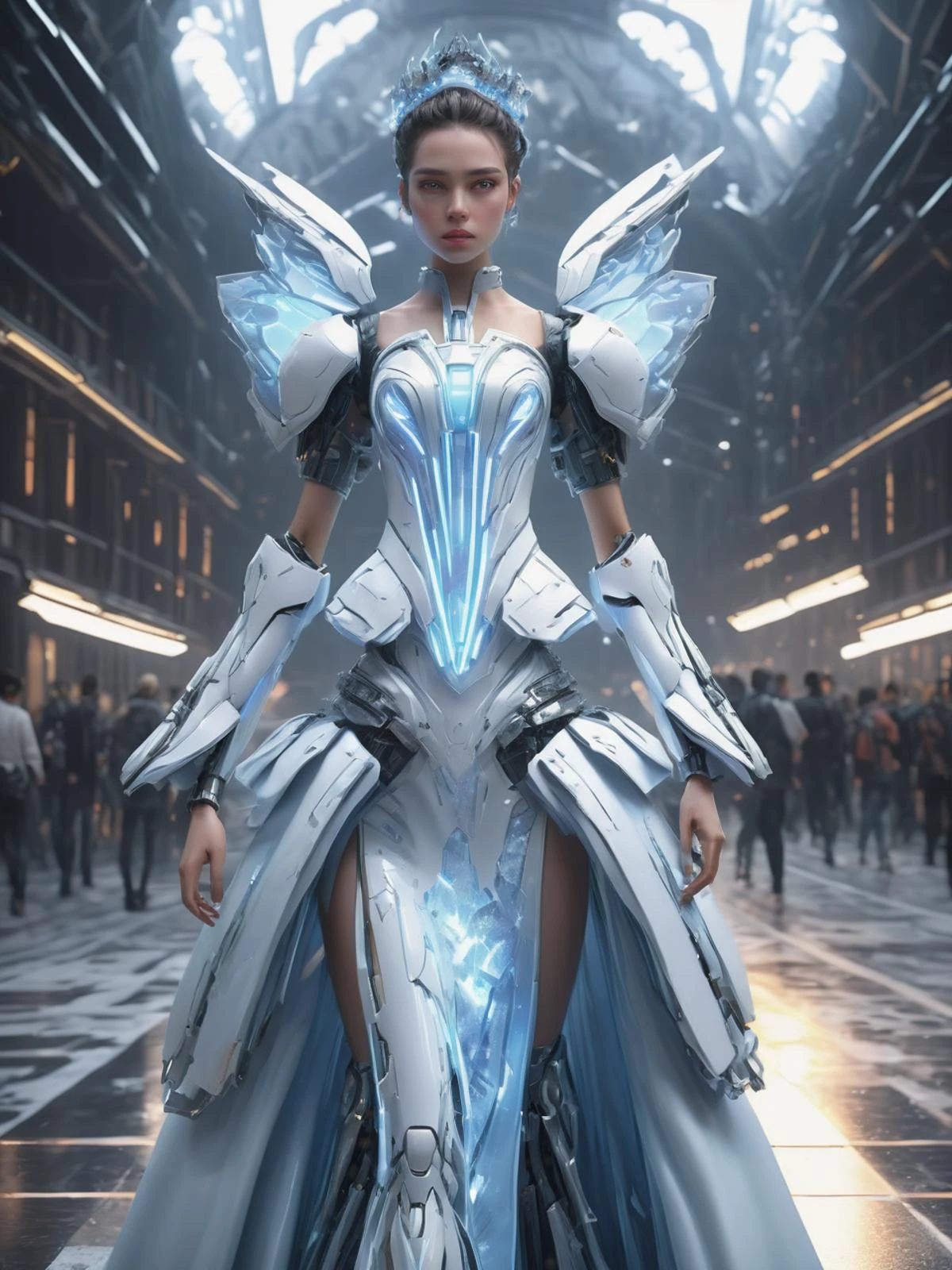 ((best quality)), ((masterpiece)), ((realistic,digital art)), (hyper detailed), full body clothing, Robotic Leather, , Ice, Flutter Sleeves, Asymmetrical Hemline, High Waist, Ball Gown Skirt, Distressed Details , octane rendering, raytracing, volumetric lighting, Backlit,Rim Lighting, 8K, HDR, <lora:add-detail-xl:.8>