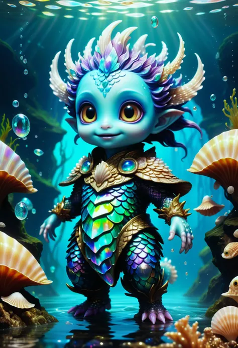 hyper detailed masterpiece, dynamic, awesome quality,supe cute shellycoat, mischievous water spirit, humanoid form, covered in shells and scales, shimmering iridescent appearance, humanoid or fantastical form, noisy, disturbing, playful, elusive, waterways