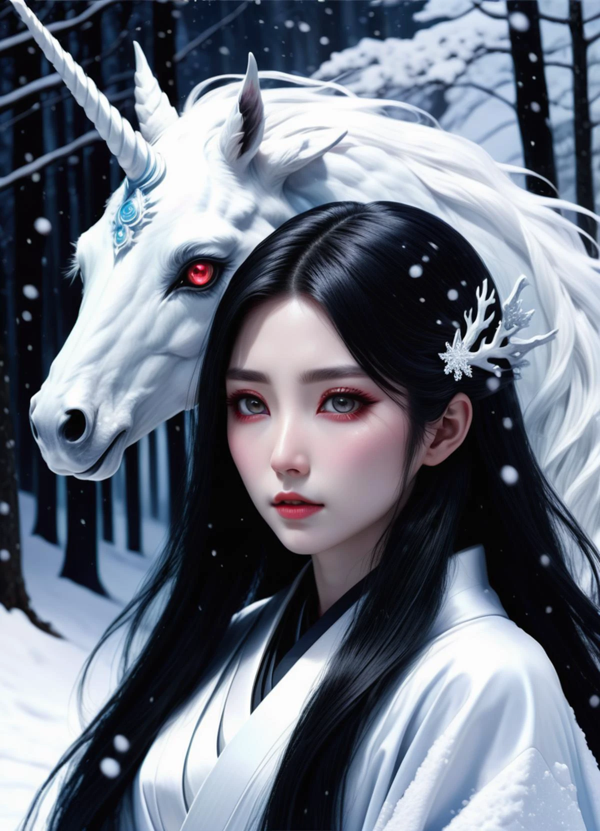 hyper detailed masterpiece, dynamic, awesome quality,unicorn, japanese snow spirit, female, cold ethereal beauty, burial robe, long black hair, pale skin, haunting eyes, winter, snow, haunting, supernatural, stygical, demonic expression