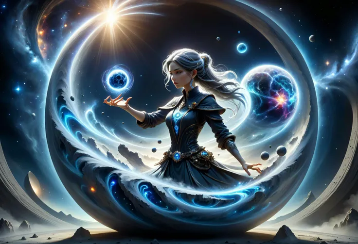 hyper detailed masterpiece, dynamic, awesome quality, female mystic (amorphous,hemisphere,convection,programmable smart nanomaterials,precast concrete brownian motion,bluish-white fantasmagoric,alchemy,sorcery ,circle,perpendicular liness,cosmic dust,fantasmagoric,whimsical magic:1.0) DonMM4g1cXL <lora:DonMM4g1cXL_v1.2:0.7> <lora:Perfect Hands v2:1.0> Perfect Hands