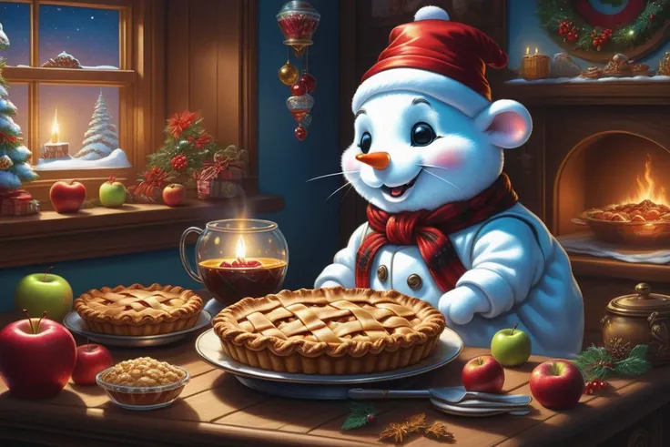 hyper detailed masterpiece, dynamic realistic digital art, awesome quality, snowman illustrations, mouse king, apple pie, heartfelt and sentimental,reflective and grateful,uplifting and spirited, retro lighting, exchanging thoughtful and meaningful gifts