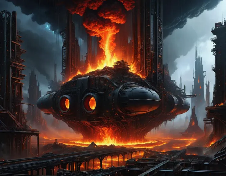 hyper detailed masterpiece, dynamic realistic digital art, awesome quality, Heavenly Brilliance,Abyssal Hues,Flame-Kissed Knoll,Rain,Industrial,Waste byproduct,Metropolis,Stellar phenomena