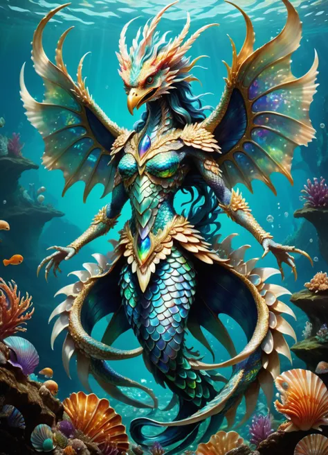 hyper detailed masterpiece, dynamic, awesome quality,cockatrice, mischievous water spirit, fantastical form, covered in shells and scales, shimmering iridescent appearance, humanoid or fantastical form, noisy, disturbing, playful, elusive, waterways