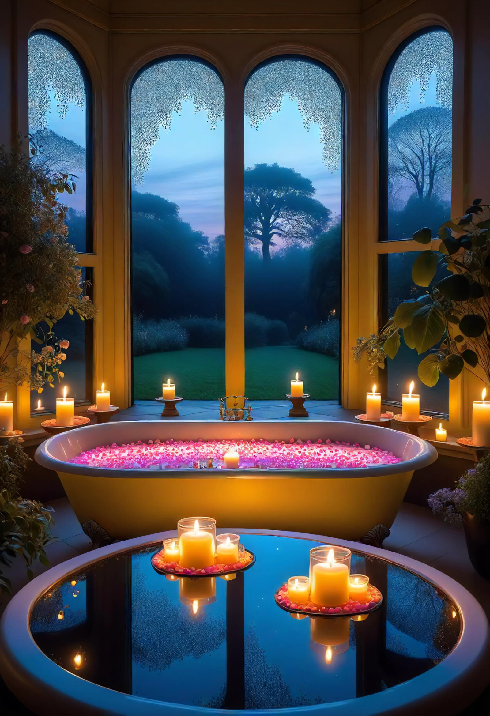 valentines day, romantic, candlelit, candles, __valtentine/food__, botanical garden, candlelit bubble bath for two, led candles <lora:released\DonM3t3rn1tyXL-v1.1-000008:0.8>