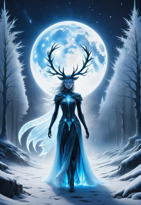 hyper detailed masterpiece, dynamic, awesome quality, dynamic, motion blur, ammil, Ethereal nature spirit being, manifestation of frost and ice, delicate and fragile appearance, symbol of transient beauty, harbinger of the changing seasons, ethereal and almost invisible presence, night, moon-lit