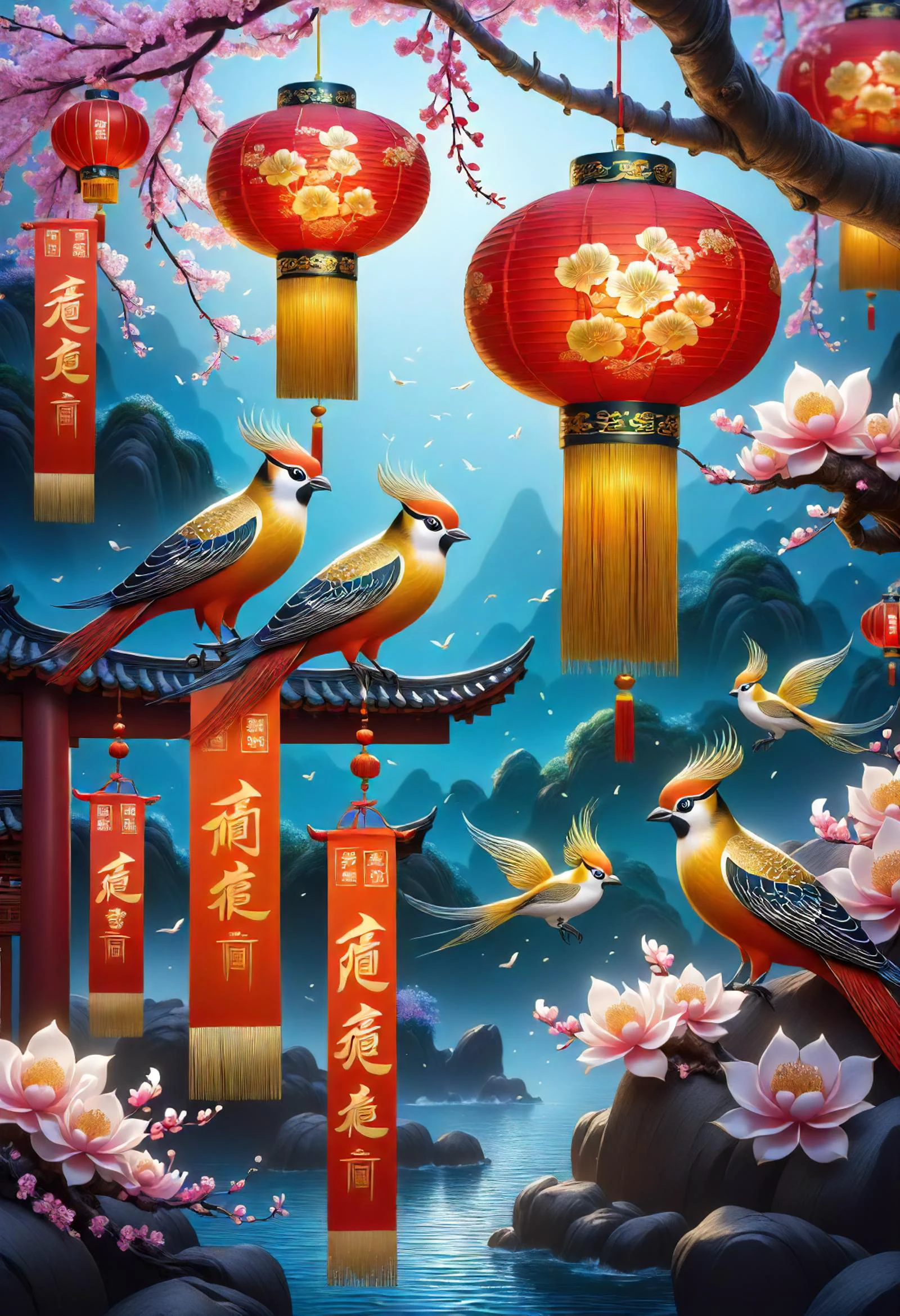 lunar newyear, Gongbi, Detailed brushwork often depicting birds and flowers, Festive, Spring scrolls, Vertical banners with wishes for the new year, Fish, Served whole for abundance and prosperity, Home interiors, Warmly decorated with red envelopes, lanterns, and spring couplets, ready for family gatherings, Wearing new clothes, Red lanterns <lora:SDXL\DetailedEyes_V3> <lora:ClearHand-V2> <lora:released\DonM3t3rn1tyXL-v1.1-000008>