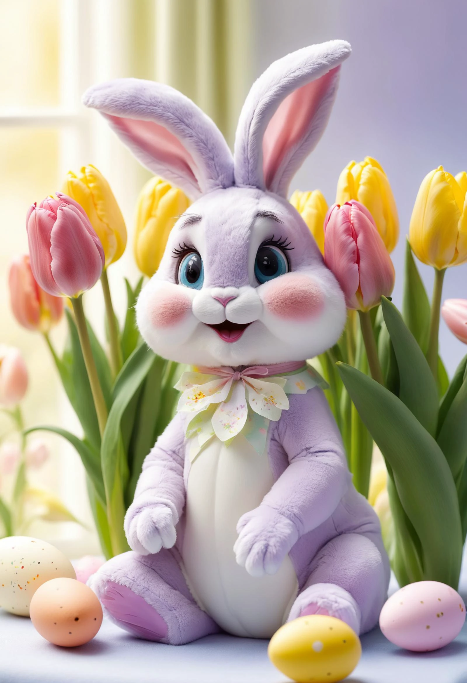 , pastel colors, joyful, , flowers lilies, tulips, __characters/beings/easter-bunny/prompt__, , soft, warm lighting