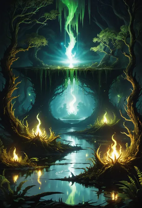 hyper detailed masterpiece, dynamic, awesome quality, ignis fatuus, phosphorescent flickering floating mysterious enchanting light, white, marshy, swampy, vanish, supernatural phenomena, malevolent,, night
