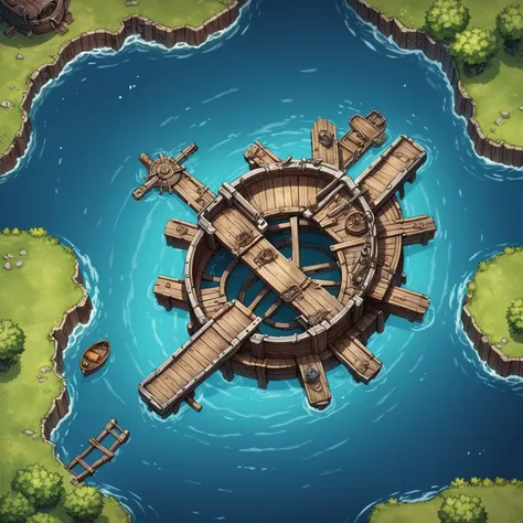 masterpiece illustration, detailed, hires, rpg tile, 2D, from above, sunken ships, kitchens, __rpg/rpg-tiles/structures/items__