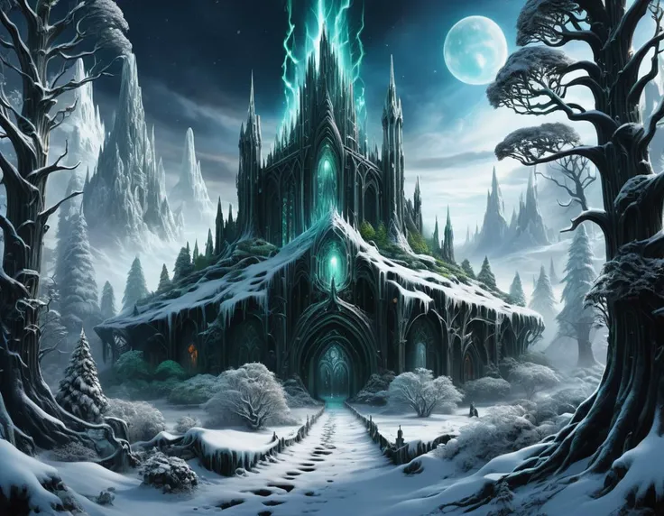 hyper detailed masterpiece, dynamic realistic digital art, awesome quality, Enchanted Forest,Ghostly Gardens,Simulated Reality,Snow,Quizzical,Gelid,Mordor,Chrono Disruption