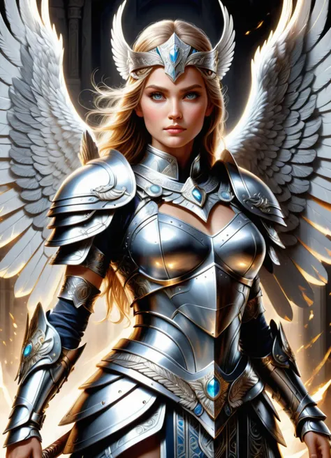 hyper detailed masterpiece, dynamic, awesome quality,valkyrie, female warrior maiden spirit, ornamented shining silver armor and weaponry, wings, radiant noble appearance, , guides to the afterlife, bravery, honor, powerful, otherworldly