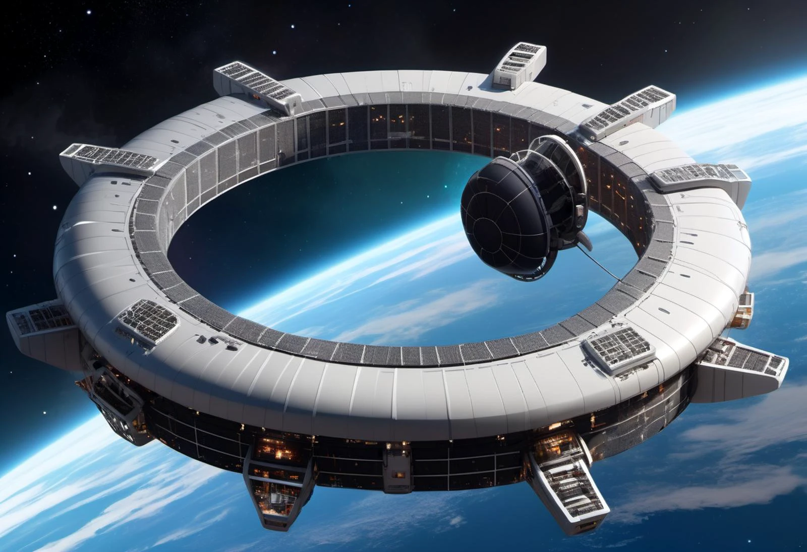 scifi large ring-shaped cargo ship, nuclear pulse propulsion, organic material, radio antennas,heat-resistant coatings,communication antennas, interstellar, interplanetary, equinox, nebula