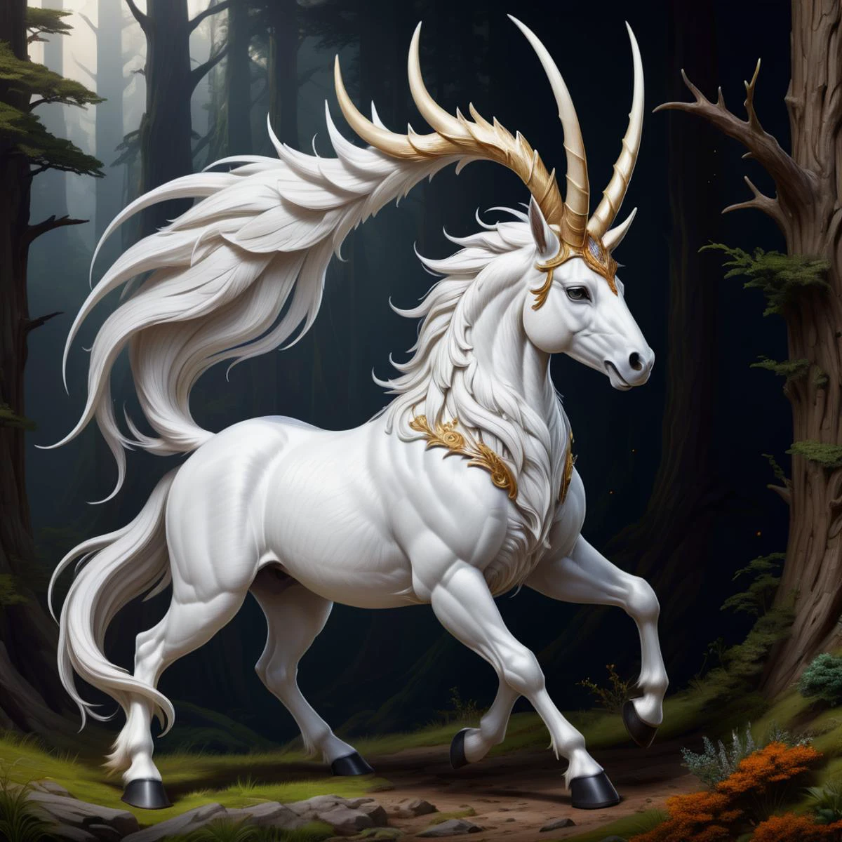 hyper detailed masterpiece, dynamic, awesome quality, wolpertinger, mythical majestic horse creature, single horn, white colored long slender straight horn, elegant noble posture, gentle wise expression, purity, grace, magical, enchanting