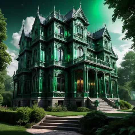 ((best quality)), ((masterpiece)), ((realistic,digital art)), (hyper detailed),Hamlet, mansion made of Dazzling Flamboyant Emerald, Glowing, Palladium, Endurance, Gemstone Treatment, Exquisite, Contemporary, Gothic Revival, Mystical and Occult,8K, HDR, <lora:add-detail-xl:1.5>