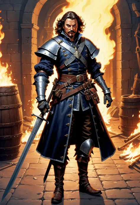 masterpiece illustration, detailed, hires, musketeer, sword, spiked shield leather tunic, bracer, , false floor, petrochemical,magnificent,uninhibited,pyre