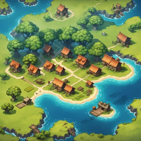 masterpiece illustration, detailed, hires, rpg tile, 2D, from above, mysterious islands, farmhouses,
