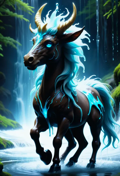 hyper detailed masterpiece, dynamic, awesome quality,supe cute faun, shape shifting water spirit, horse in humanoid shape, mane, coat, drips water, lures victims, dark sleek coat, eyes supernatural alluring quality, webbed hooves, arcane