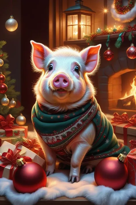 hyper detailed masterpiece, dynamic realistic digital art, awesome quality, christmas eve art, ghostly apparitions, pigs in a blanket,,baubles, overflowing with love and goodwill,cheerful and lively,warm and inviting, coastal lighting,