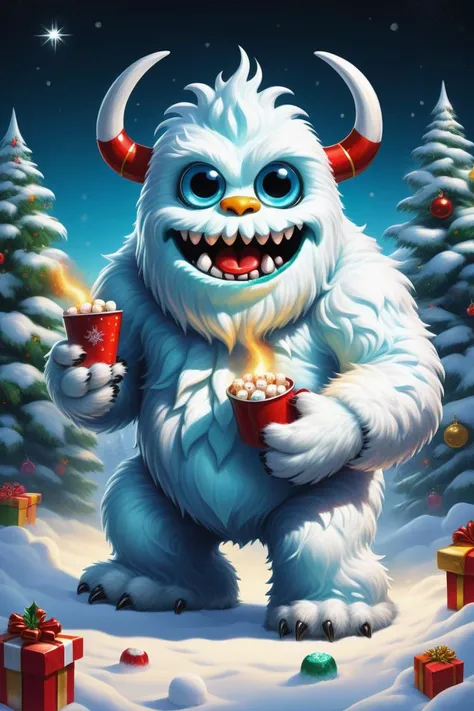 hyper detailed masterpiece, dynamic realistic digital art, awesome quality, christmas pop art, abominable snow monster (bumble), holly,roasted marshmallows, sparkling and festive,harmonious and unified,wholesome and heartwarming, recessed lighting, playing holiday-themed games
