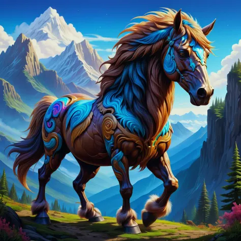 hyper detailed masterpiece, dynamic, awesome quality, tikbalang, mythical    tall humanoid creature, horse head, mane hooved feet, fur, furry skin, mountains, mischievous, , psychedelic,shady,generated,inexplicable,carcinogenic