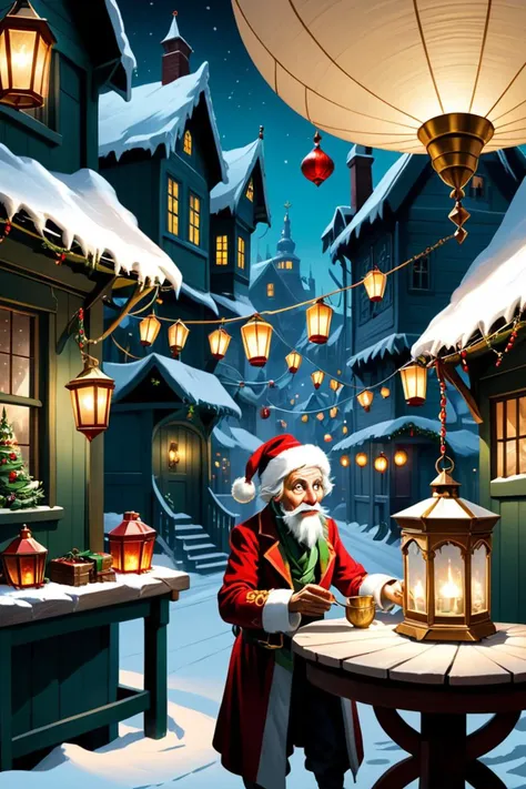 north pole scenes, jacob marley, rolls,lanterns, tranquil and serene, sputnik chandeliers, scenes of people giving and receiving acts of kindness