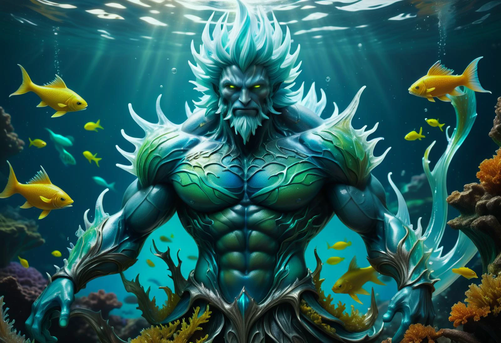 hyper detailed masterpiece, dynamic, awesome quality, frost, slime,spriggan, humanoid upper body,fish tail, muscular physique, enchanting alluring appearance, aquatic beauty, aquatic hues, strength, mythtic allure, depth of the sea, lush,repellent,divided,patina,gripping,hygge,miraculous,injurious,high-paced