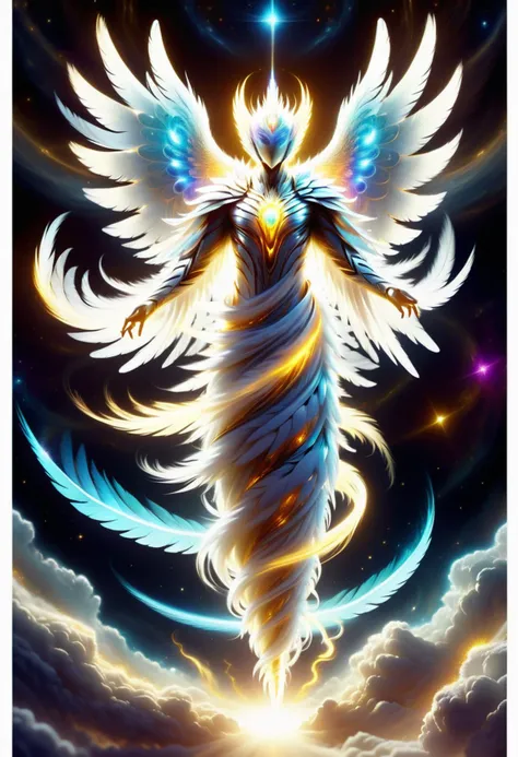 hyper detailed masterpiece, dynamic, awesome quality,supe cute kalku, humanoid celestial being, radiant luminous appearance, feathered wings, noble serene expression, long flowing robes, white bright colors, halo, radiant aura above the head, lethal,arresting ,<lora:DonM3l3m3nt4lXL-000010:1>