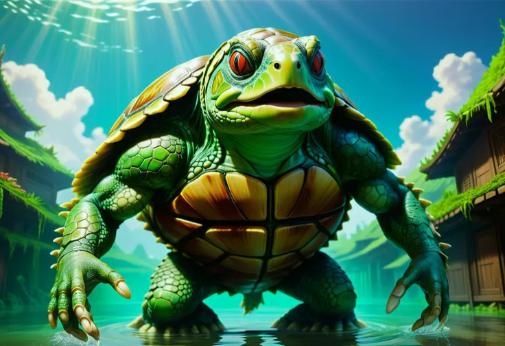 hyper detailed masterpiece, dynamic, awesome quality,kappa, water dwelling creature, humanoid appearance with a turtle like shell, webbed hands and feet, mouth located on head, dishl-ike depression on its head holding water, greenish scaly skin, strength, mischievous
