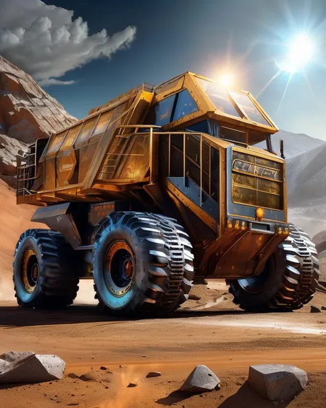 ((best quality)), ((masterpiece)), ((realistic)), (hyper detailed), Colossal Mining Vehicle, Defogging Windows, Off-Road Lights, Concrete, Vintage, Glossy Varnish, , Nebular Hypothesis,Heliocentric,Nadir,Celestial Meridian ((masterpiece)), 8K, HDR, <lora:add-detail-xl:1>
