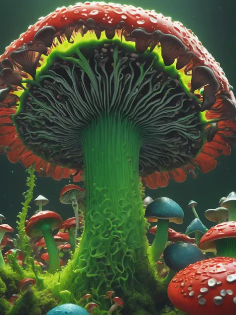 ((best quality)), ((masterpiece)), ((realistic,digital art)), (hyper detailed), Lime Green Delicate Saddle-shaped Pitted mushroom, Soft, Root Interlocking, Bog, Dense, Emerald Green Subdecurrent Gills, Gaping Pores,,Smooth Volva, Red Spore Print Cordate Base, Poison-spewing, , octane rendering, raytracing, volumetric lighting, Backlit,Rim Lighting, 8K, HDR, <lora:add-detail-xl:.8>