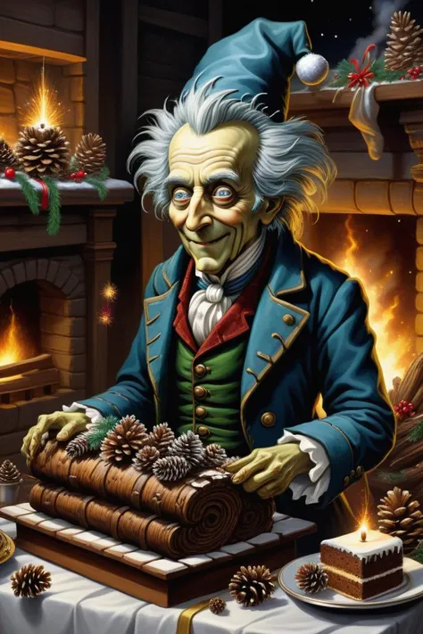 hyper detailed masterpiece, dynamic realistic digital art, awesome quality, vintage, jacob marley, pinecones,yule log cake, overflowing with love and goodwill,cozy and comforting, fireworks displays,