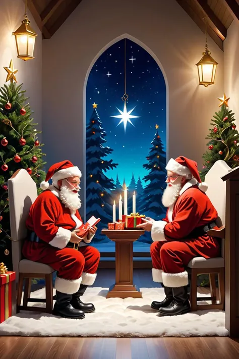 cozy and warm scenes, santa claus, presents/gifts, full of anticipation and excitement,harmonious and unified, recessed lighting, church services with festive decorations