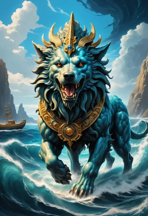 hyper detailed masterpiece, dynamic, awesome quality, cerberos, Sea deity from Greek mythology, mortal turned into an immortal, prophetic powers, association with the sea, depicted as a wise and benevolent, guardian of sailors
