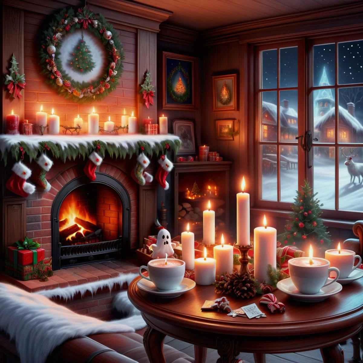 hyper detailed masterpiece, dynamic realistic digital art, awesome quality, winter wonderland, ghost of christmas past, christmas cards,,ham, enchanting and magical, candles, cozy evenings by the fireplace with hot cocoa