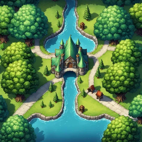 masterpiece illustration, detailed, hires, rpg tile, 2D, from above, enchanted forests, schools, __rpg/rpg-tiles/structures/items__