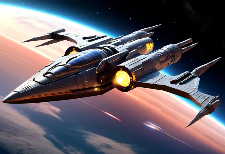 scifi large disc-shaped starfighter, nuclear thermal rockets, carbon composite, solar arrays,electrochromic windows,metallic finishes, spaceship, astral, parallax, meteor shower