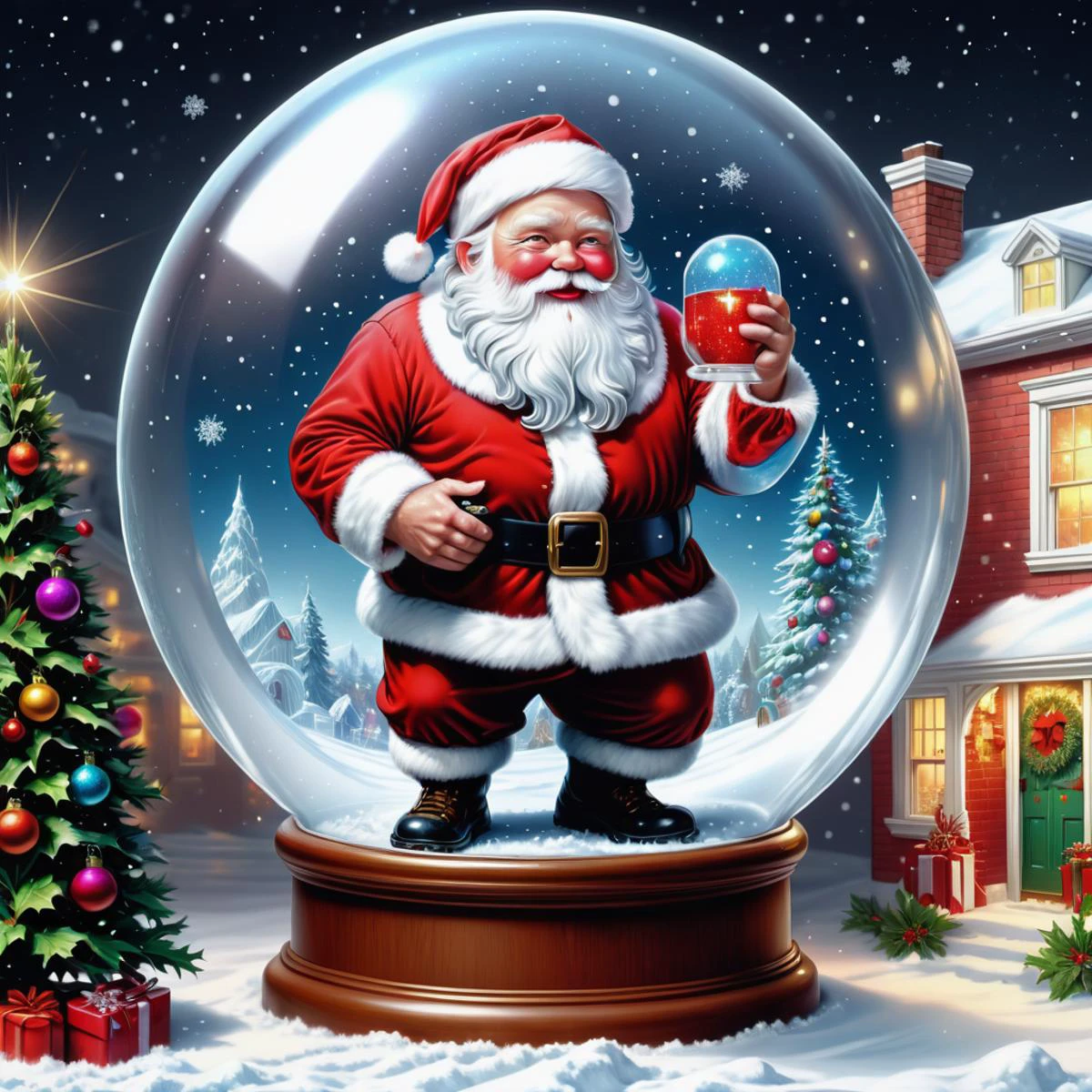 hyper detailed masterpiece, dynamic realistic digital art, awesome quality, snow globe art, kris kringle, christmas cards, grateful and thankful, retro lighting,