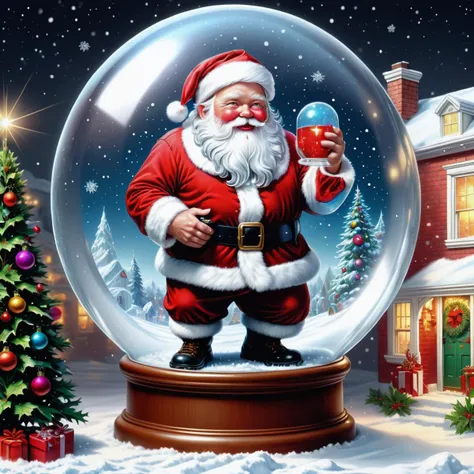 hyper detailed masterpiece, dynamic realistic digital art, awesome quality,  snow globe art, kris kringle, christmas cards, grateful and thankful, retro lighting,