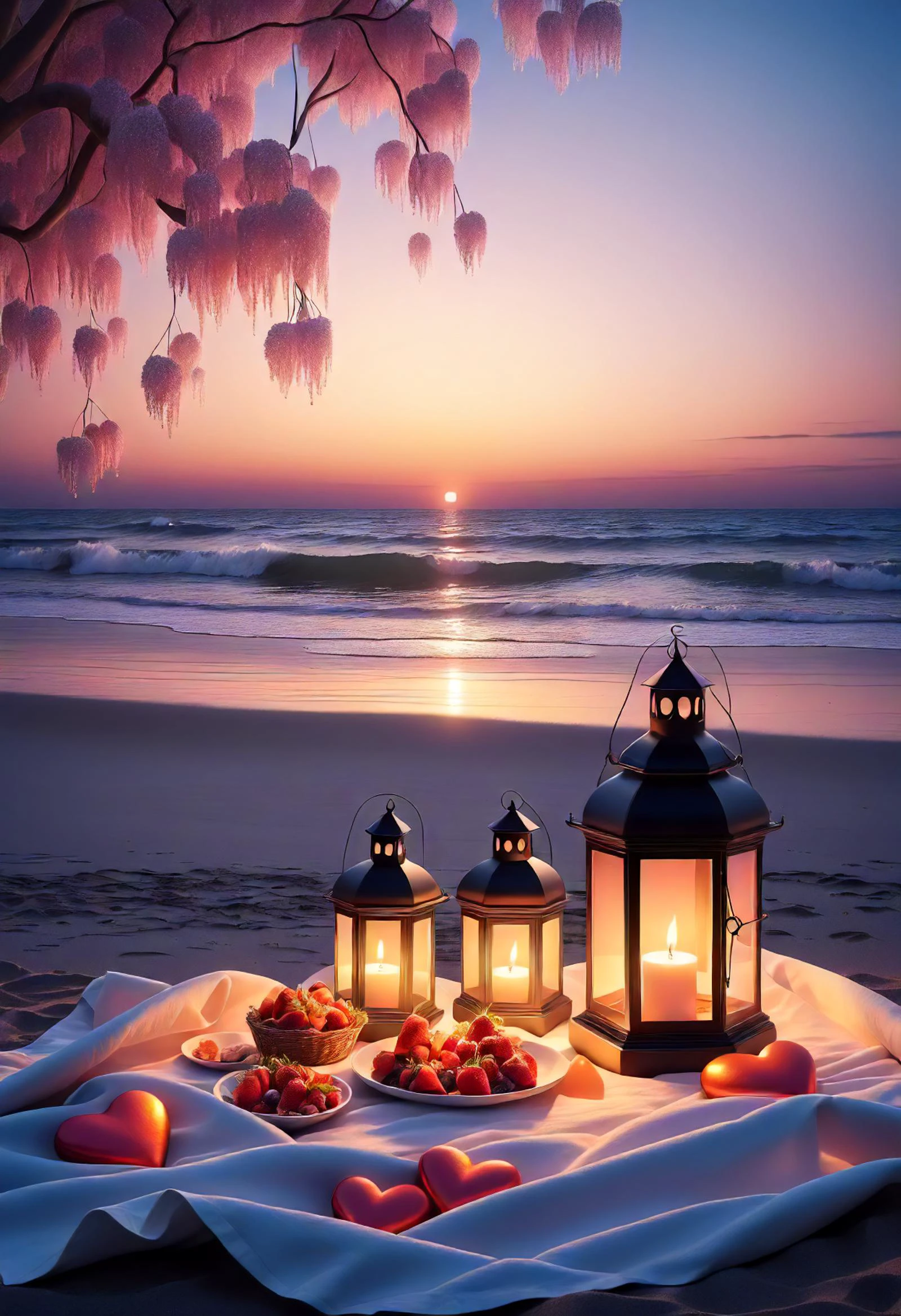 valentines day, surreal, romantic, candles, __valtentine/food__, beach sunset, romantic picnic in the park, soft lantern glow <lora:released\DonM3t3rn1tyXL-v1.1-000008:0.8>
