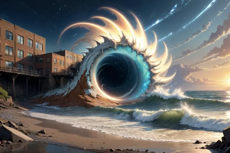 hyper detailed masterpiece, dynamic realistic digital art, awesome quality,twisting littoral,epochal aperture,torrential hogwarts light attenuation,cosmic dust, graffiti,plentiful,sunbaked,industrial,effervescent,shoreline views